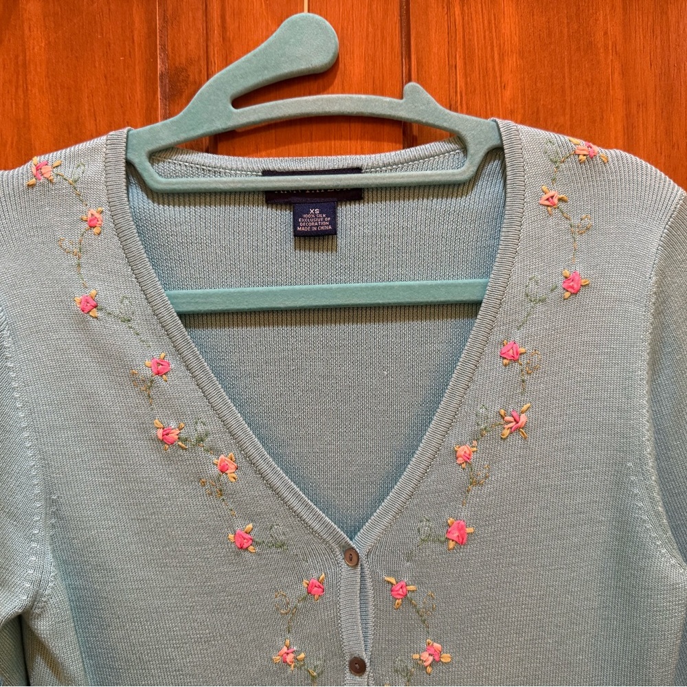 Ann Taylor Blue Knit Cardigan with Floral Embroidery - Picture 3 of 8